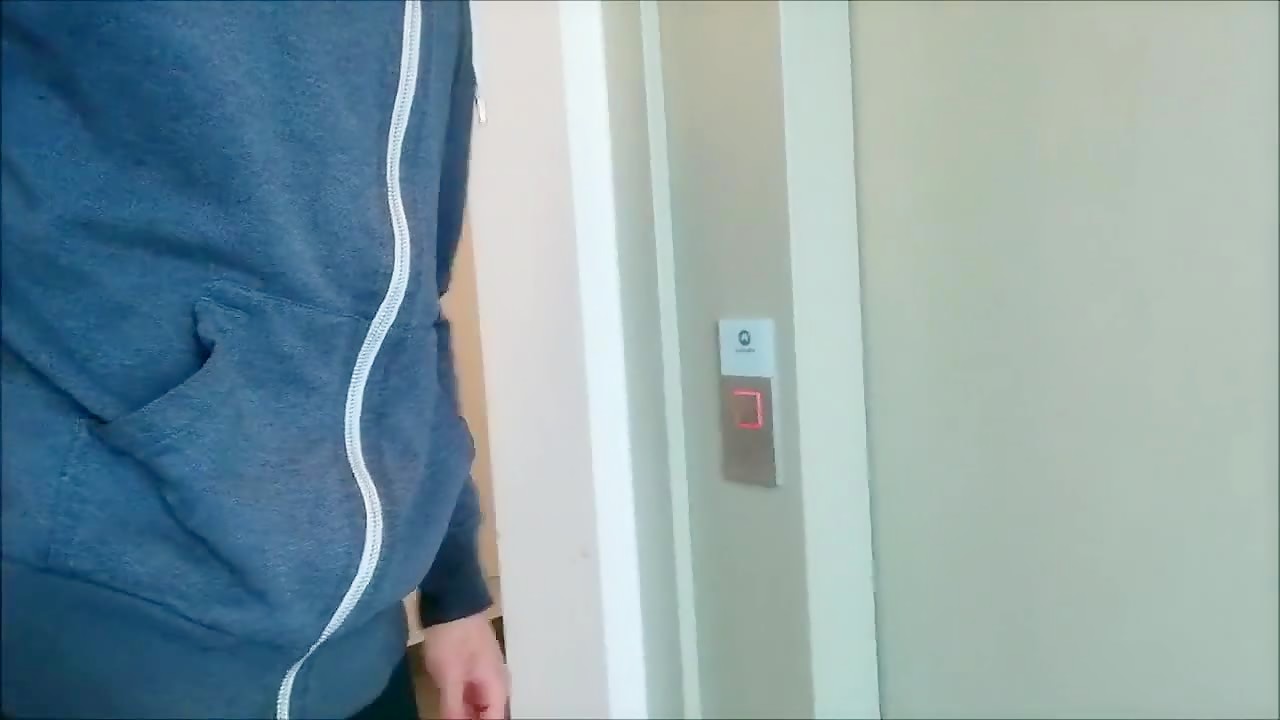 Jerking off his hard cock. Risky elevator shot