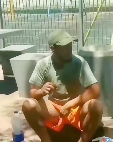 Smoking Worker shows big cock