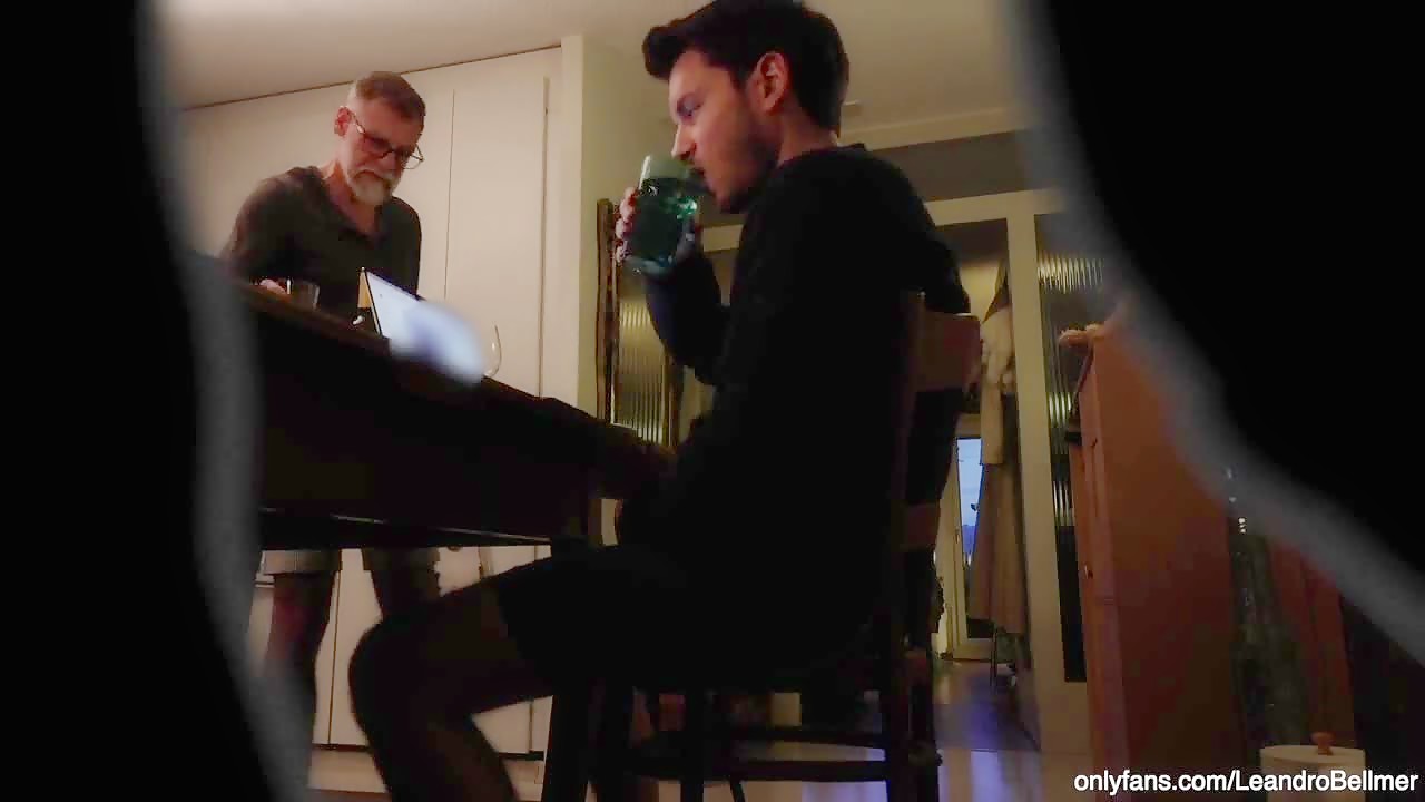 Grandfather watches real grandson jerking off at the dinner table (gay)
